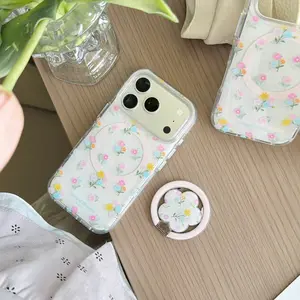 Round Edge Magnetic Double Sided IMD Full Screen Flowers Phone Case for iPhone 13 14 15 16 17 Pro Max Shockproof Protective Cover with Floral Design