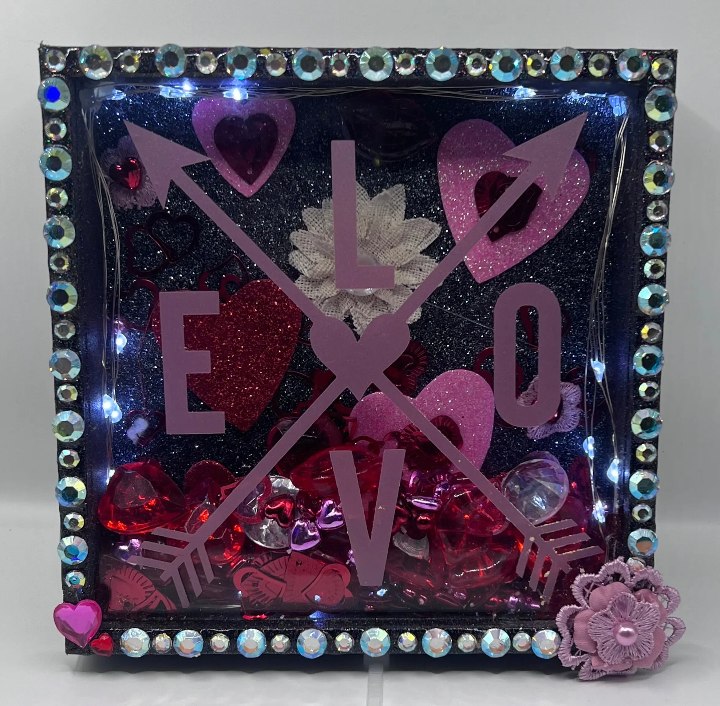 Valentine’s Love Arrow Shadow Box – Rhinestone & Fairy Light Decor (5.75x5.75)