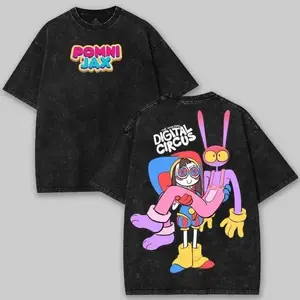 Retro Washed Black Oversized T-Shirt, The Amazing Digital Circus Pomni & Jax "Pomni Jax" Graphic Print, Casual Short Sleeve, Unisex Streetwear for Men & Women, Loose Fit for Outdoor & Daily Wear