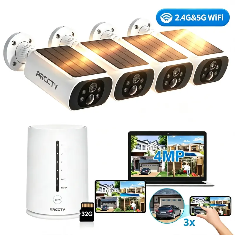 Trend Solar Powered Wireless Outdoor ARCCTV Security Camera 4-Cam Kit, 4MP HD Video, Color Night Vision, PIR Motion Sensor, 32GB SD Card, IP65 Waterproof, Wall Mount, Lithium Ion Battery