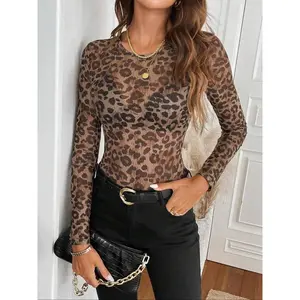 Women's Leopard Print Mesh Round Neck Long Sleeve Top, Sexy Tight-Fitting Thin Fabric Tee for All Seasons, Stylish Women's Clothing