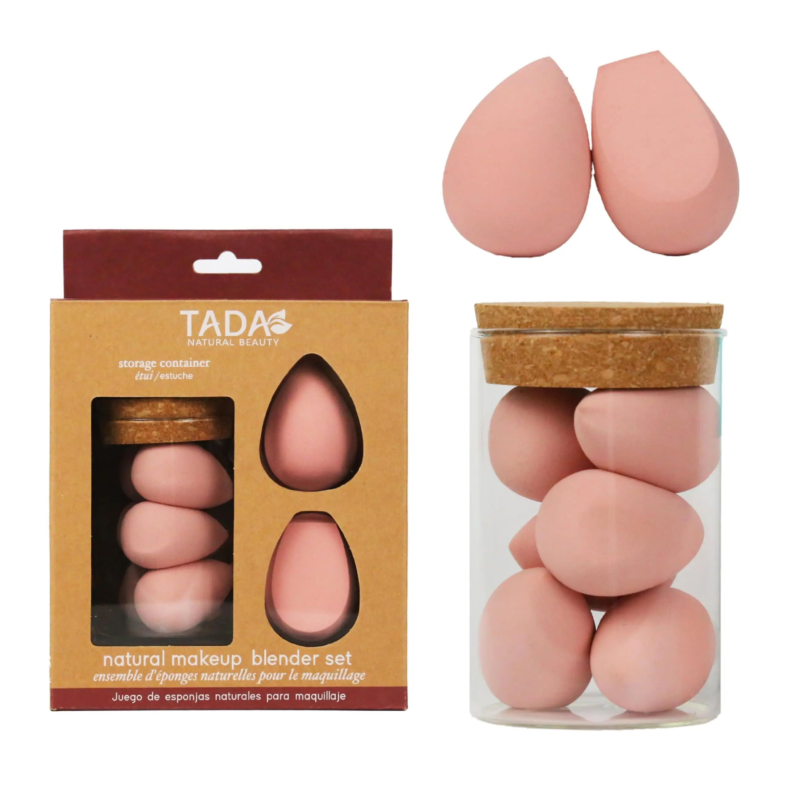 TADA 8-Piece Pink Blender Sponge Set with Jar - Bounce Softness, Sensitive Skin, Seamless Blend, Seamless Teardrop Pads for Airbrushed Foundation Blending (Makeup Tool for All Skin Types)