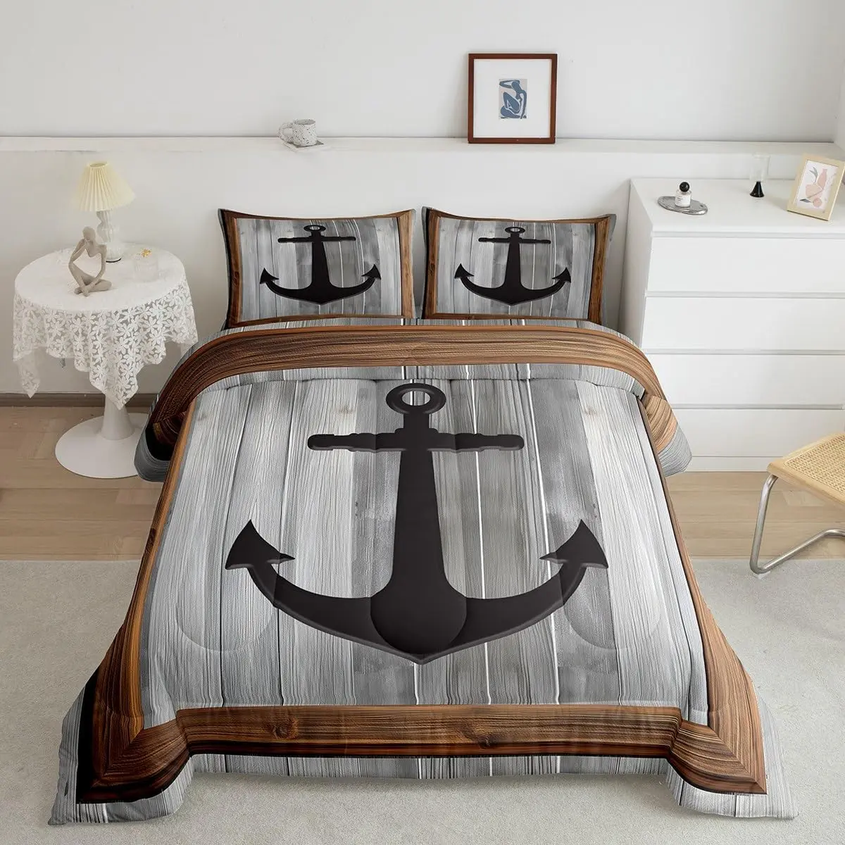 Anchor Decor Comforter Set Nautical Themed Bedding Set Ocean Comforter Sea Adventure Duvet Set Gray Quilt Set