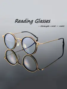 Round-Frame Metal Reading Glasses, Reading Eyeglasses, 1 Pair, +1.00 to +4.00 Diopters, Anti-Glare, Computer Glasses, Suitable for Reading & Screen Use