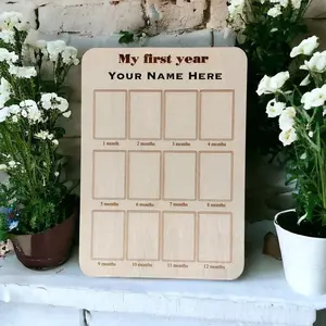 Baby Monthly Milestone Makers Wood Board (Portrait) - 12 Slots for Monthly Photos on Plywood, 29"H x 21"W, DIY Customizable with Wood Letters & Stickers Frame Wooden Signs Decor