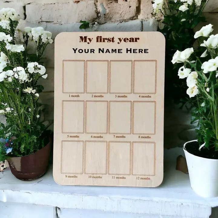 Baby Monthly Milestone Makers Wood Board (Portrait) - 12 Slots for Monthly Photos on Plywood, 29"H x 21"W, DIY Customizable with Wood Letters & Stickers Frame Wooden Signs Decor