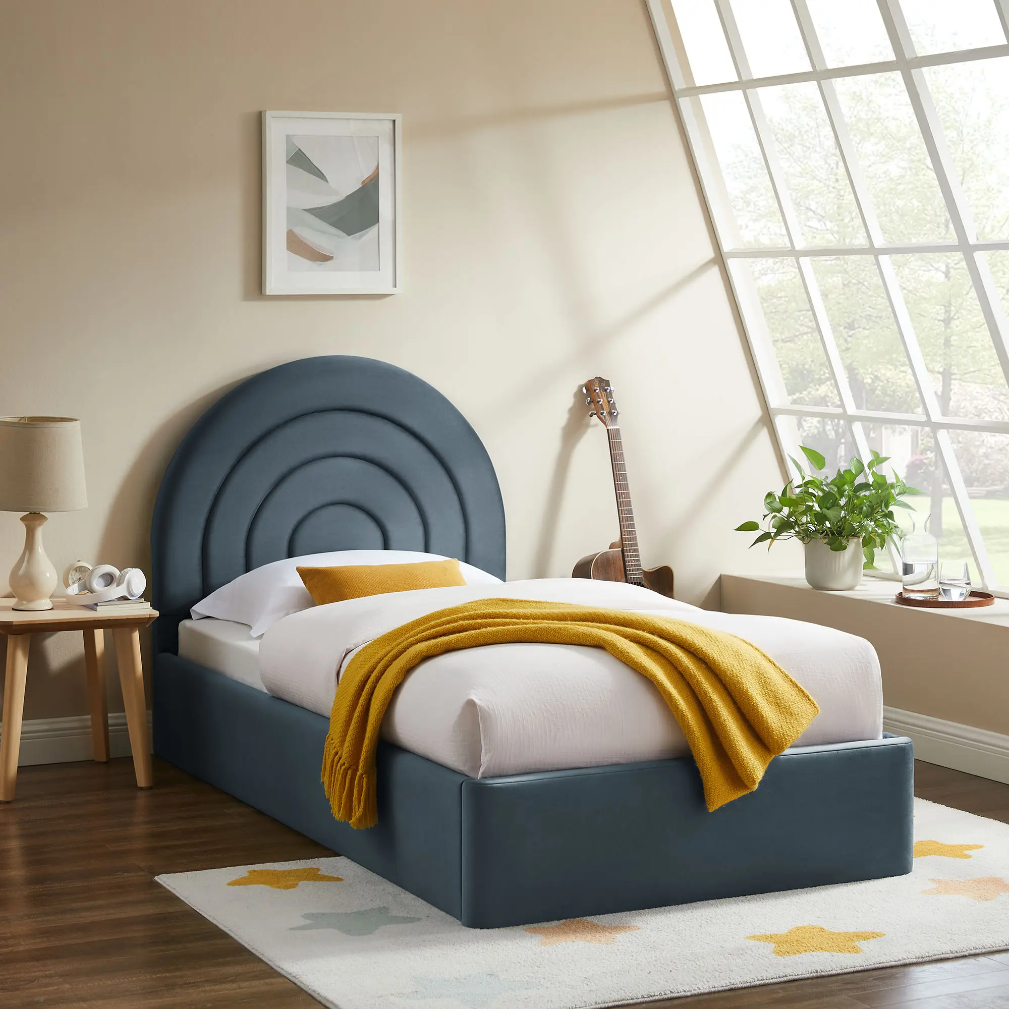 Solana Arched Luxury Modern Upholstered Sturdy Twin Platform Bed with Headboard, Cadet Blue Performance Velvet