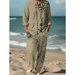 Men's Vintage Nautical Compass & Map Print Suit BeigeAll-Season Stand-Up Collar Textured Polyester ldeal forCasual Gatherings Halloween Christmas Black FridayOutfits