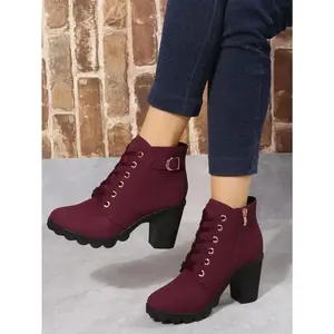 Women Ankle Boots And Short Boots, Burgundy, High Heels, Lace-Up, Side Zipper Design