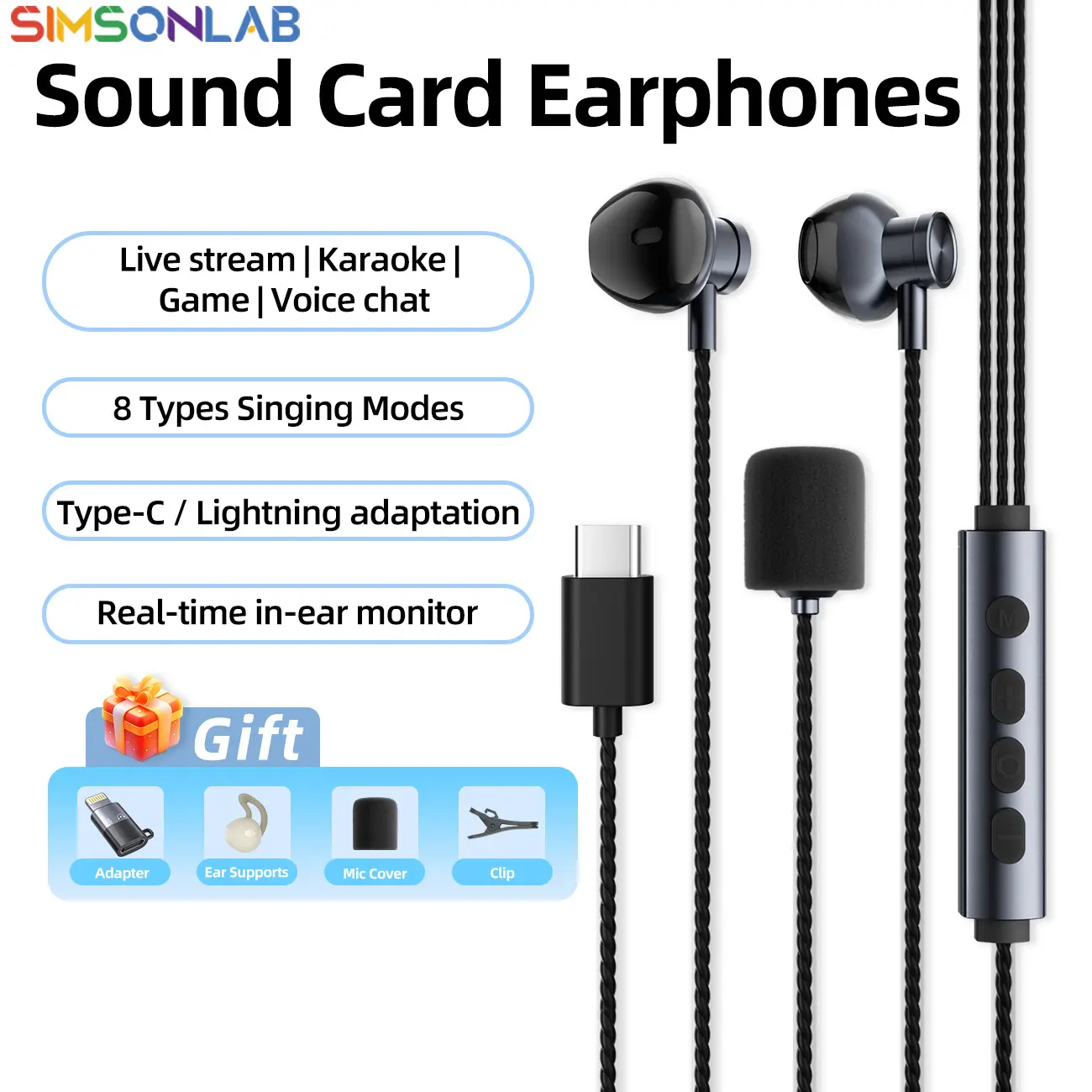 SIMSONLAB In-Ear Noise-Cancelling Headphones, 8 Karaoke Effects, Professional Sound Card, Live Streaming, Recording, Gaming, Comfortable Fit, Ideal Gift