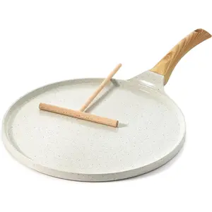 Nonstick Crepe Pan with Spreader, 10-Inch Natural Ceramic Coating Dosa Pan Pancake Flat Skillet Tawa Griddle with Stay-Cool Handle, Induction Compatible (White)