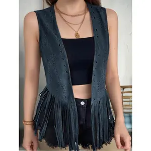1pc Women'S Western Cowboy Style Faux Suede Tassel Vest, Sleeveless Open Front Fringe Cardigan, Casual Polyester Fiber Spring/Summer/Autumn - Adult