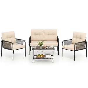COSTWAY - 4 Pieces Patio Furniture Set PE Rattan Sofa Chairs with Loveseat-Beige