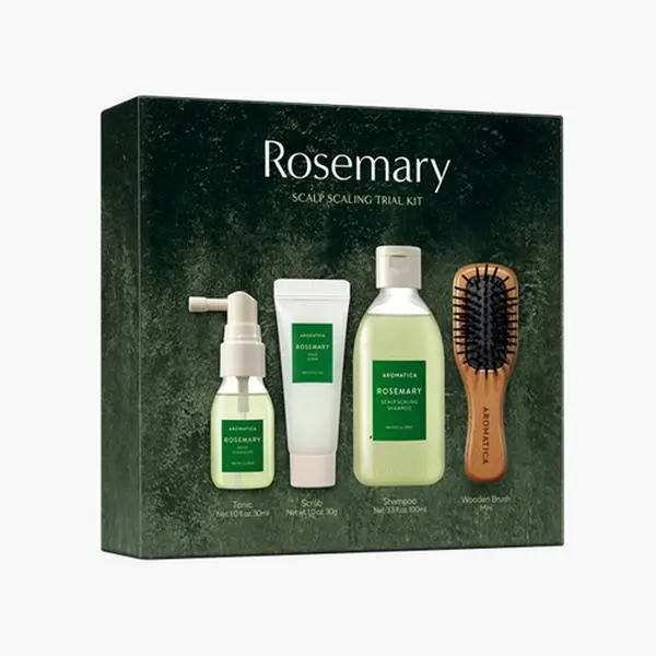 [AROMATICA] Rosemary Scalp Scaling Trial Kit - Travel Size Korean Hair Care Kit for Women with Mini Wooden Brush, Gentle Exfoliating Scalp Care for Hair Growth Product, with Rosemary Oil & Vegan Formula