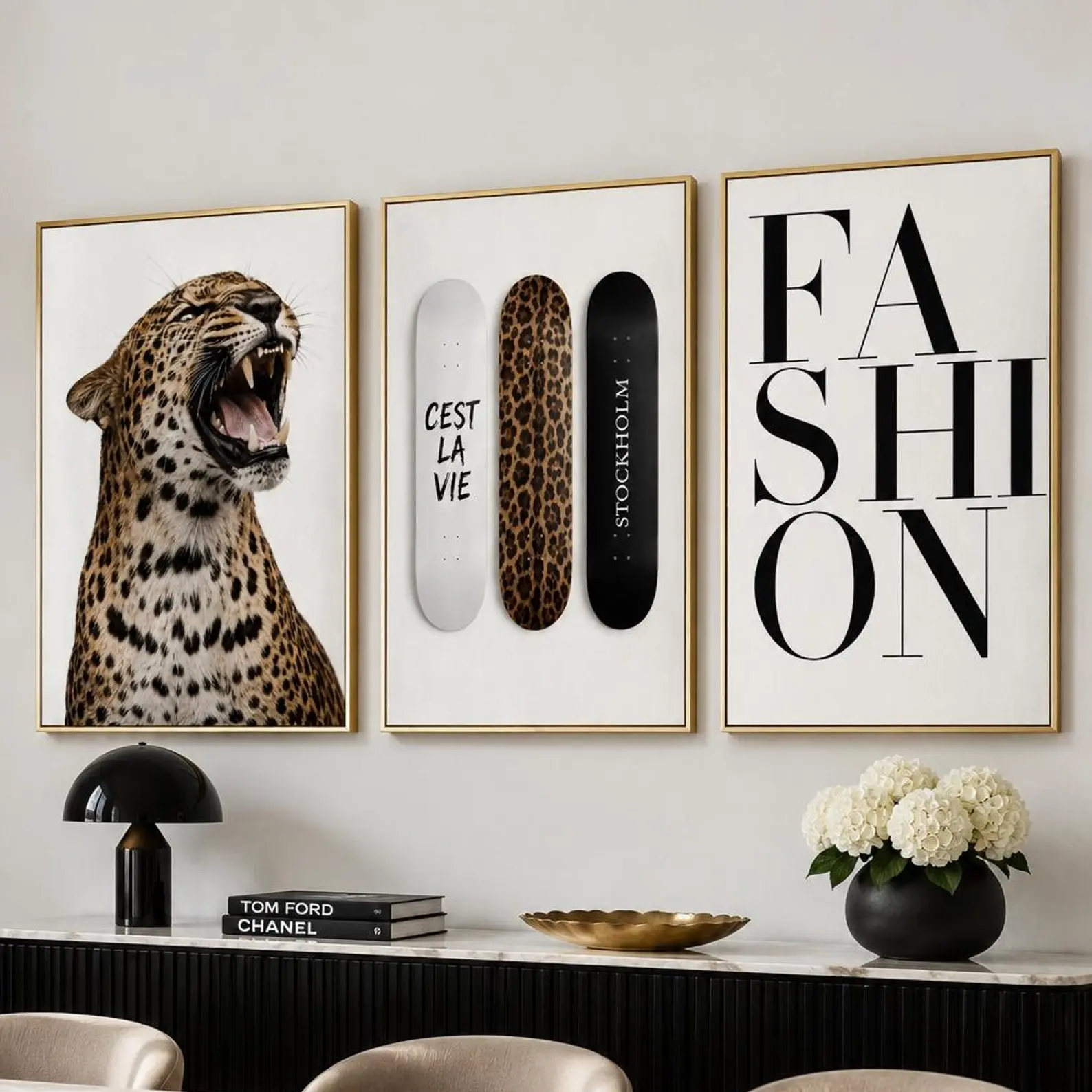 Leopard Fashion Wall Art Set of 3, Framed Canvas Prints, Skateboard Typography Posters, Ready to Hang Chic Apartment Decor