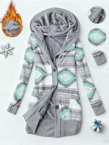 Y2K Style Casual Geometric Long Sleeve Fitted Knitted Sweater, Hooded Top, Warm Fleece Lining, High Value, Excellent Insulation, Fashionable Winter Women's Clothing, Comfortable Knitwear, Womenswear