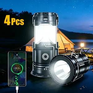 Set of 4 retro-style LED camping lanterns; rechargeable rescue three-in-one LED flashlight with built-in power bank; suitable for emergencies, hiking, and power outages; portable solar tent camping light for outdoor emergencies; ideal for camping.
