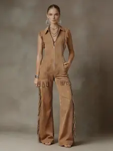Women's Western Cowgirl Style Fall Summer Brown Faux Suede Jumpsuit, Sleeveless Zip Up Fringe Trim Flattering Fit, For Country Music Festival Rodeo Concert