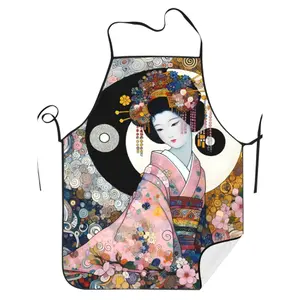 Retro Japanese Geisha Apron, 100% polyester woven fabric, slight elasticity, unisex pattern chef apron, woven details