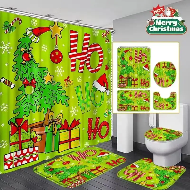 Christmas Theme Christmas Tree Design, Non-Slip Mat, U-Shaped Rug, Toilet Lid Cover, Waterproof Shower Curtain, Bathroom Supplies, Perfect for Bathroom Decor, Bathroom Decoration Accessories #GLOBAL PICKS