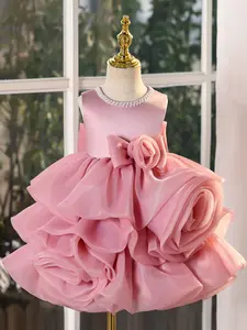 Girls' Princess Dress with Rose Flowers, Sleeveless Backless Gown, Knee-Length Tutu Skirt, Birthday Party, Elegant Child Performance Costume
