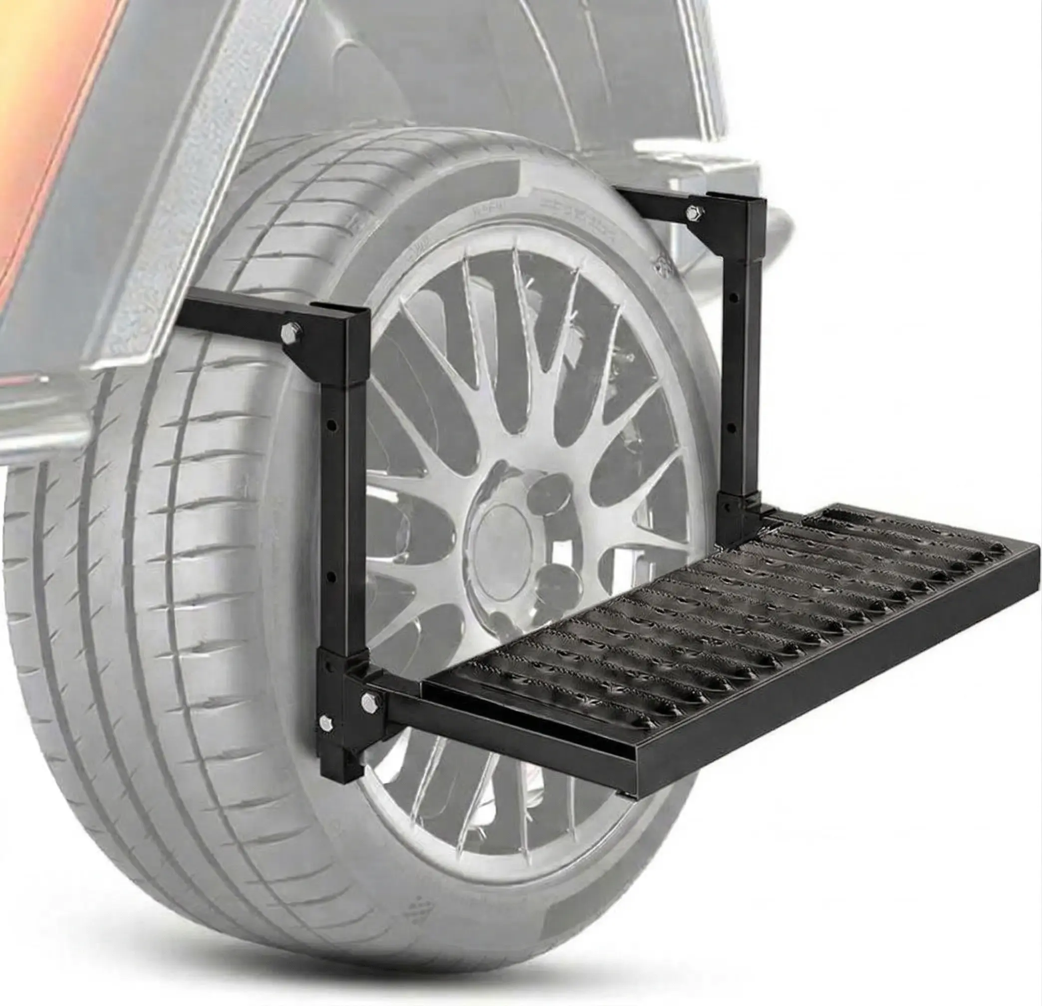 Folding Heavy Duty Tire Step Non-Slip Steel Surface Adjustable to Fit Tire from 10” to 15” Rated up to 350 Lbs for Truck SUV and RV Easy to Install and Adjust Red