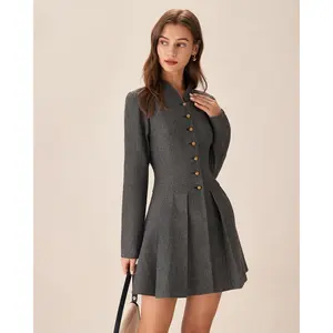 Rihoas Women's Grey Long-Sleeve Button-Front Pleated Mini Dress, Soft Polyester Fabric, Casual & Office Wear Options