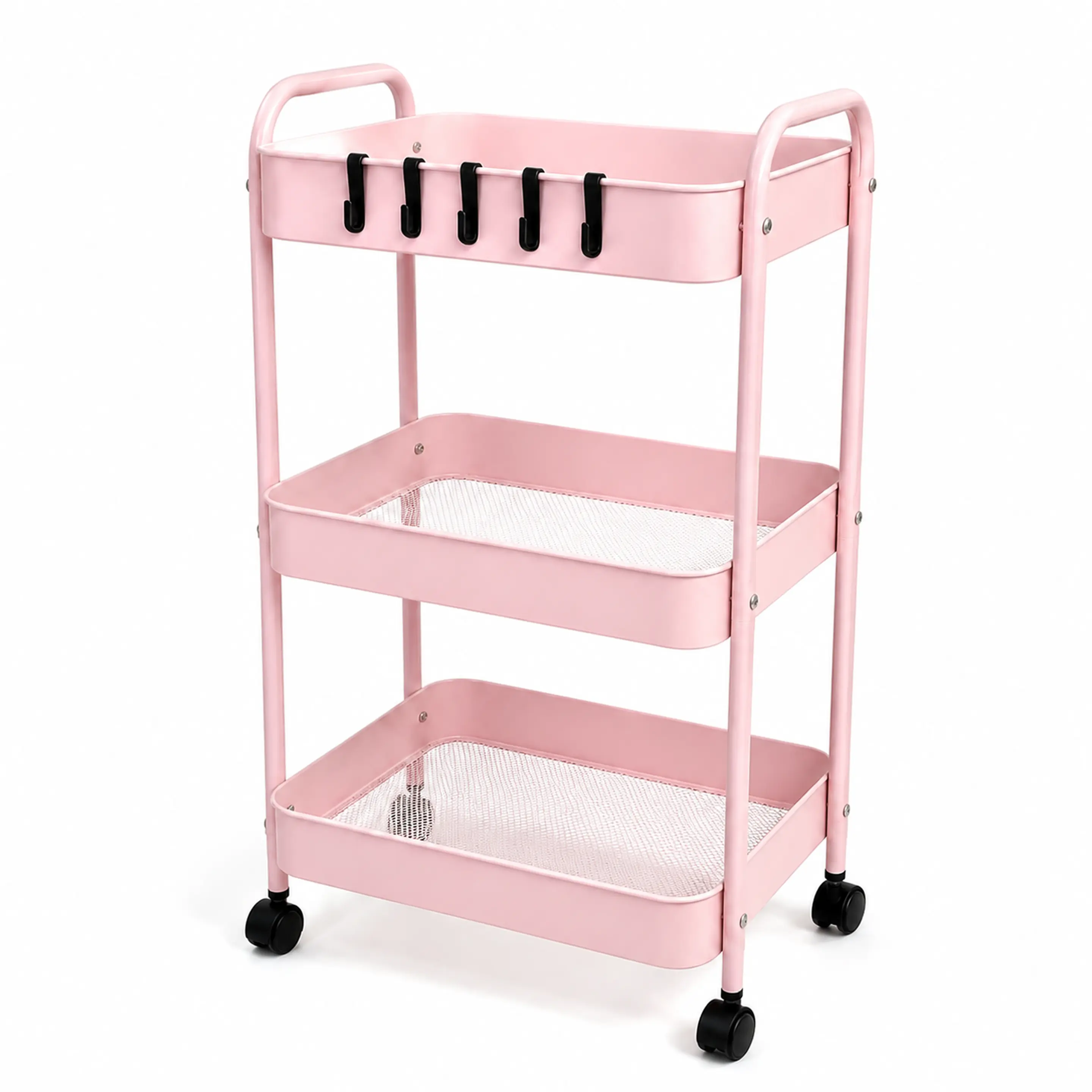 3-Tier Rolling Metal Storage Cart with Locking Wheels & 5 Sliding Hooks, Portable Utility Organizer Shelf for Home Office, Classroom, Studio, Meeting Room, Breathable Mesh Baskets file small space document holder book stand indoor daily use