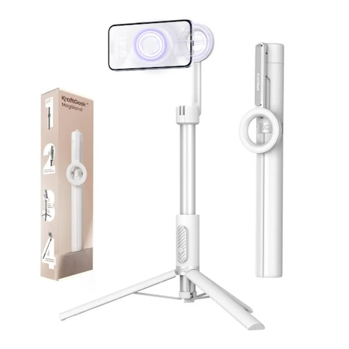 KraftGeek Magstand Selfie Stick Tripod - Max Height 64" Magnetic Phone Mount, MagSafe-Compatible for iPhone 17, Pixel 10, MagSafe Cases, Metal Ring Mount Phones, Anti-Slip Silicone Pads, Recording Gear, Optional Add-On Haloglow Light