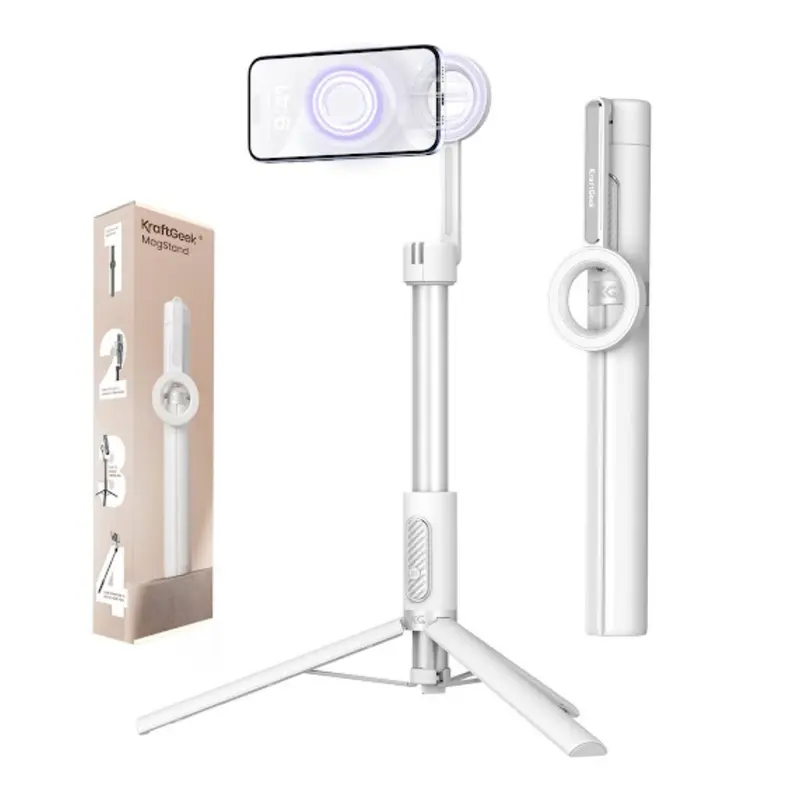 KraftGeek Magstand Selfie Stick Tripod - Max Height 64" Magnetic Phone Mount, MagSafe-Compatible for iPhone 17, Pixel 10, MagSafe Cases, Metal Ring Mount Phones, Anti-Slip Silicone Pads, Recording Gear, Optional Add-On Haloglow Light