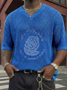 Spring/Summer floral print appliqué mesh design short-sleeve jersey-style athletic T-shirt top, comfortable