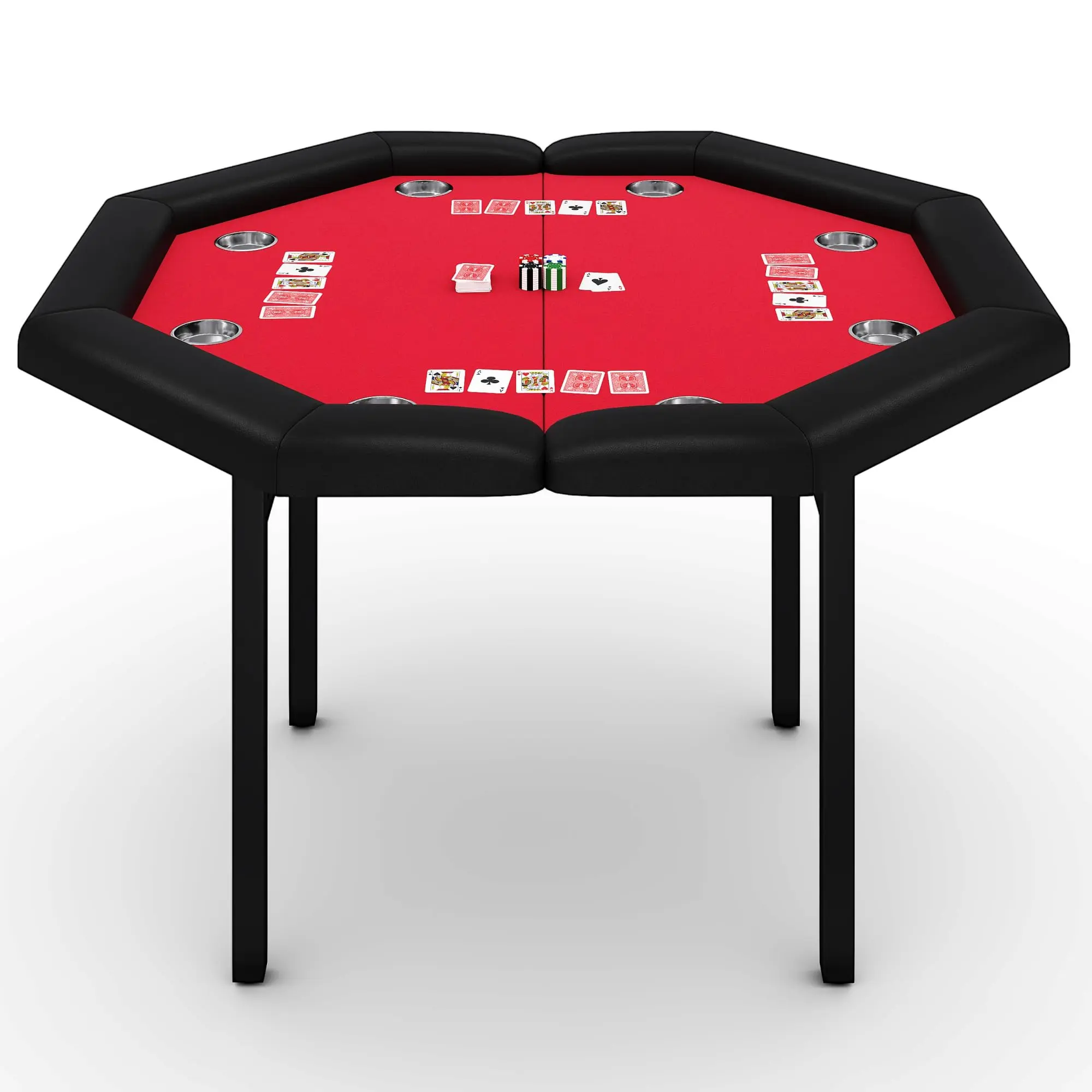 48" Folding Poker Table, 8 Player Casino Table with Padded Seat, Stainless Steel Speakers and Folding Metal Legs, Octagon Poker Card Board Table Game for Family Casino Game, Red