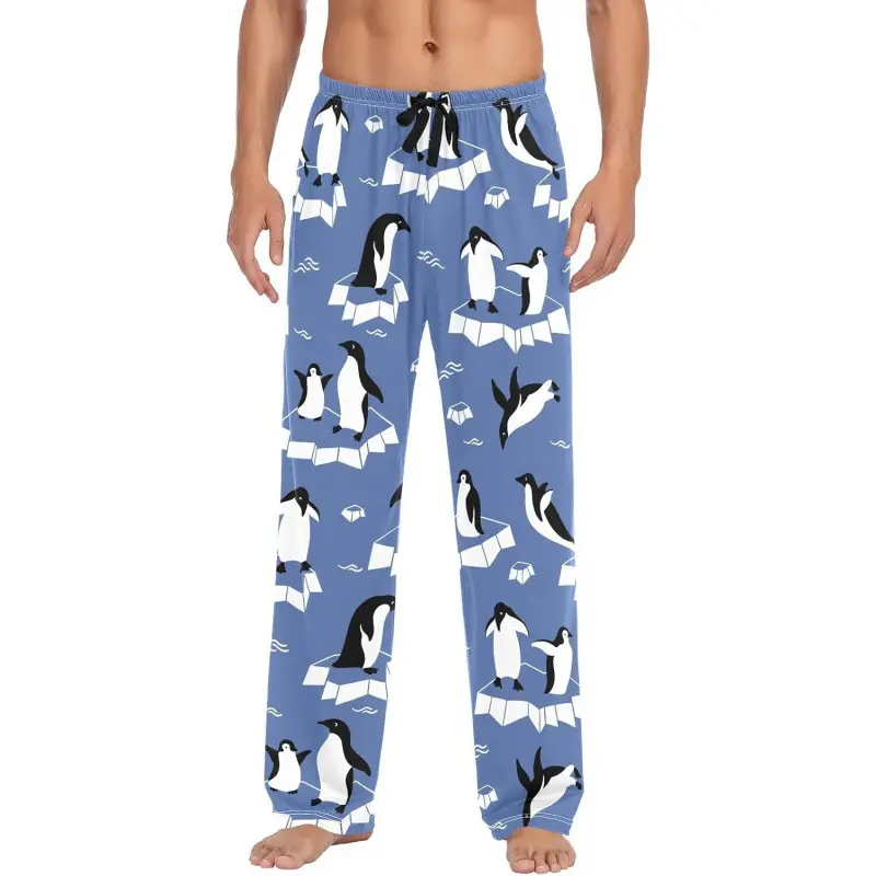 Men's Cute Penguins Pajama Pants Cotton Soft Comfy Straight-Fit Lightweight Pj Bottoms