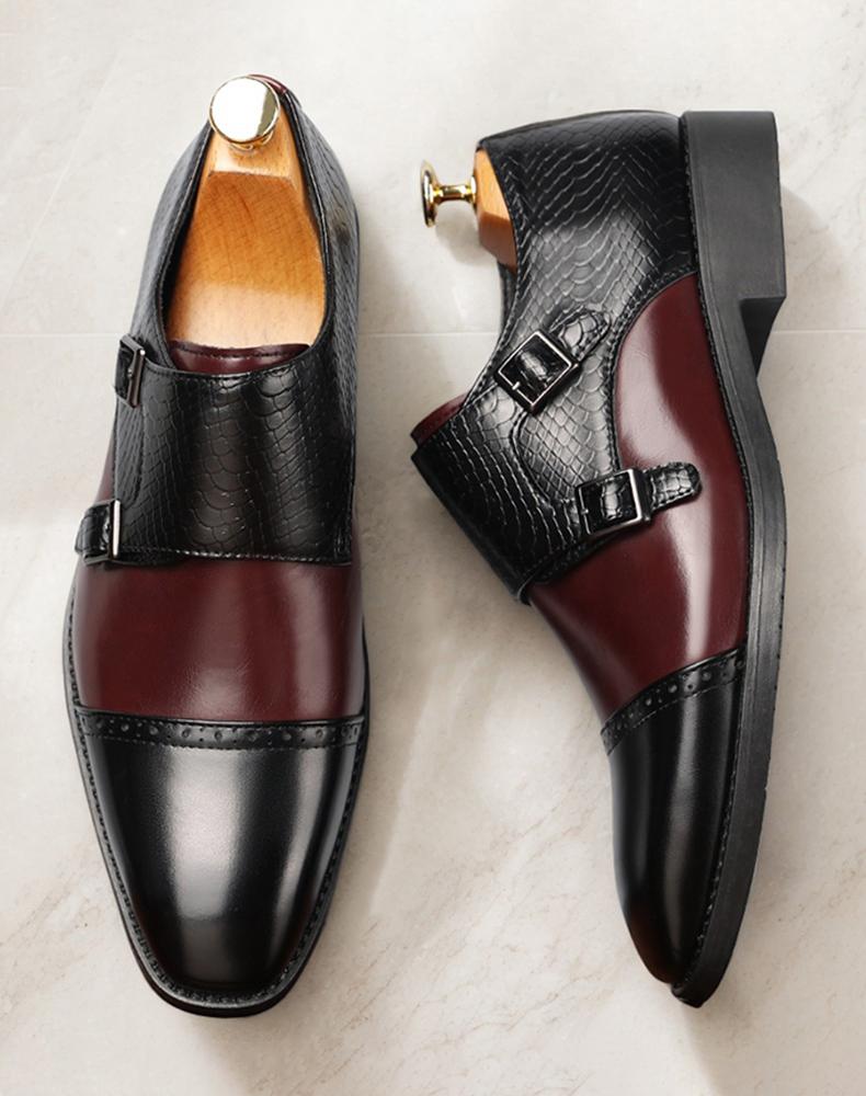 Men's Two-Tone Double Monk Strap Dress Shoes, Black & Burgundy Croc-Embossed Formal Leather Shoes97856