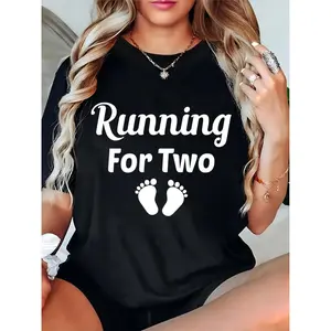 Women's Maternity T-Shirt with "Running For Two" & Baby Footprints, Casual Pregnancy Announcement Top for Expecting Mothers, Black