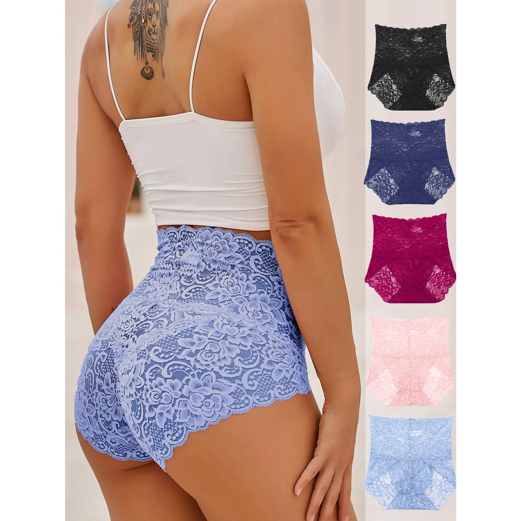 Women's 5-Piece High-Waisted Slimming Baroque Lace Hipster Panties - Slimming Lace Panty for Daily Wear, High Waisted Briefs