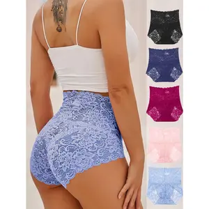 5pcs Solid Color High-Waist Slimming Lace Sexy Lingerie Hipster Panties For Women High Waisted Briefs Womenswear