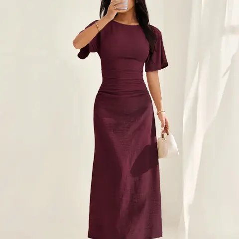 Women's Elegant Casual Summer Short Bodycon Plain Ruched Round Neck Dress, Lady, Solid Pattern, No Ca Prop 65, Stylish Design, Perfect for Warm Weather, Comfortable & Chic, Womenswear