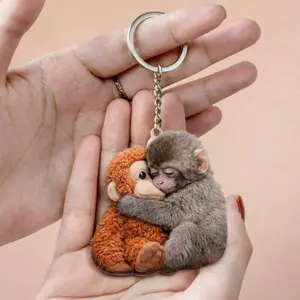 Viral Punch Monkey Wooden Keychain, Cute Baby Monkey With Plush Toy Gift, Emotional Gift For Animal Lovers, Baby Monkey Punch