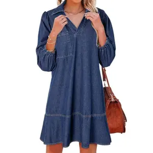 Denim Dress for Women Fashion Fall Casual Babydoll 2025 V Neck 3/4 Puff Sleeve Jean Dresses Breathable Fabric  Chic graduation dress