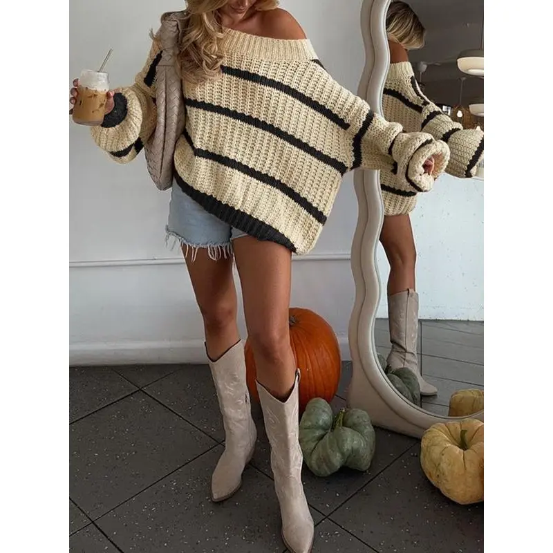 Women's Casual Asymmetric Neck Color Block Stripe Long Lantern Sleeves Loose Baggy Knit Top - Longsleeves Stripe Women's Knitwear