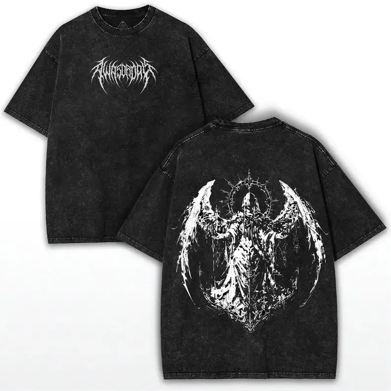Heavy Cotton Vintage Acid Washed Oversized , Front Death Metal Sharp Font Logo Back Winged Grim Reaper Totem Double Sided Print, Loose Drop Shoulder Unisex Crewneck Tee, Gothic Y2K  Grunge Streetwear Casual Top, Perfect Daily Outfit t-shirt Patterned