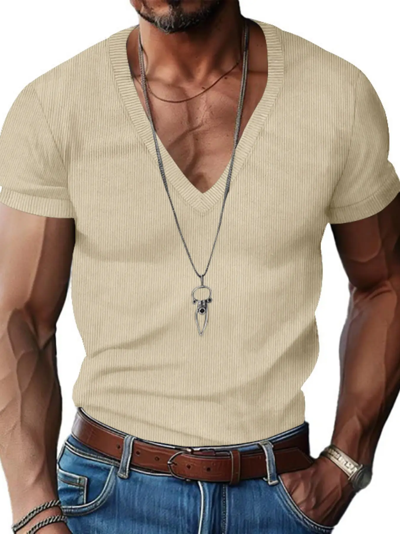 Men's Velour Soft Short Sleeve Summer Top, V-Neck Solid Color Slim Fit Classic Casual T-Shirt, European and American Style Men's Clothing