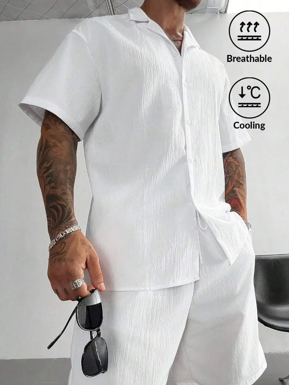 Men's Linen Shirt & Shorts Set - Lightweight Breathable Cuban Linen Outfit for Summer Beach Vacation, Casual Wedding Party Wear - Father's Day Gift
