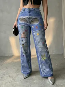 Jeanius Women's High Waist Wide Leg Denim Jeans, Medium Stretch Light Wash, Distressed Mesh Ripped Print with Colorful Star & Badge, Y2K Streetwear Semi Baggy Jeans