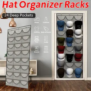 Hat Organizer Racks for Baseball Caps,Door Hanging Holder Hanger Storage Rack, Visible Hat Holder Rack for Wall Door with 3 Hooks Behind Door Hat Protect Storage Rack, 24 Deep Pockets