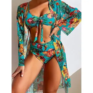 Women's 3-Piece Tropical Floral Sheer Swimwear Coverup Set - Lightweight Polyester Blend Fabric Kimono, Adjustable Strap Bandeau Top, Tie Shorts - Multi-Size for Summer Vacation, Pool - Sports & Outdoor Bikini Accessory