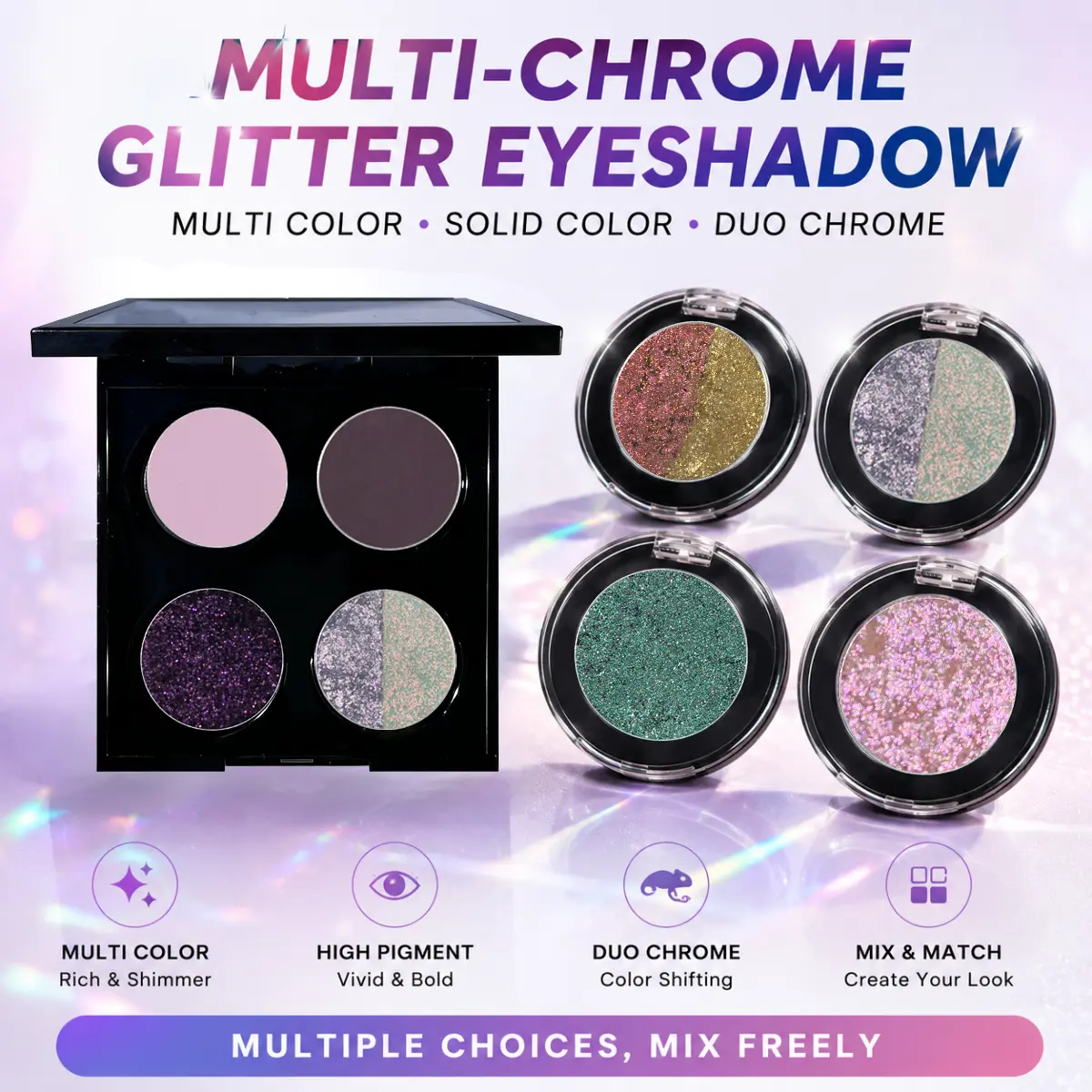 WOSUPRE Purple Hypoallergenic Glitter Eyeshadow Palette, Shimmering Cosmetic for Party Glow, Glitter Palette, Shimmering Eyeshadow Palette