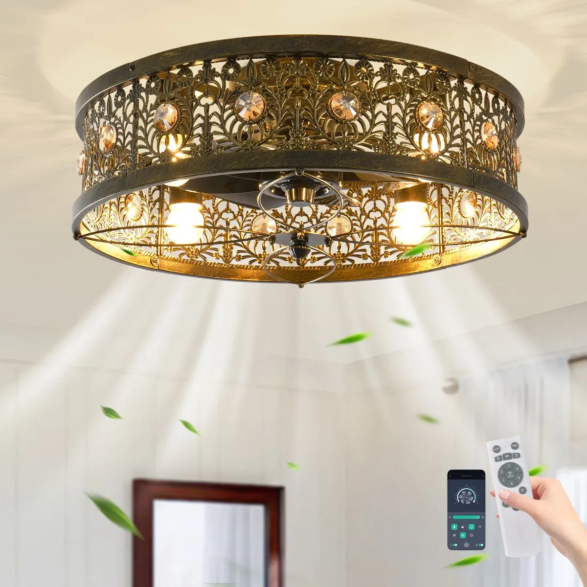 20 Inch Caged Ceiling Fans with Lights,Vintage Victorian Rustic Crystal Fandelier,Low Profile Flush Mount Enclosed Bladeless Ceiling Fan with Light and Remote for Bedroom,Kitchen,Dining Room