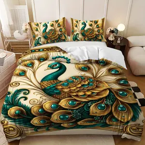 Bedding 3-piece set - 3PCS,Gold and Blue Peacock Feather Pattern Down Comforter Set (1 comforter cover + 2 pillowcases, filling not included) - soft and comfortable, suitable for family bedrooms.